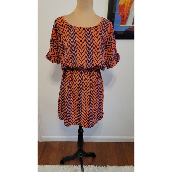 My Story Blue & Orange Shoulder Cut out Chevron Dress in Small - Picture 1 of 10